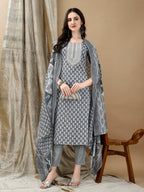 Embroidered & Printed Kurta With Pant & Dupatta, Grey - Hiral Fashion | Grocsy