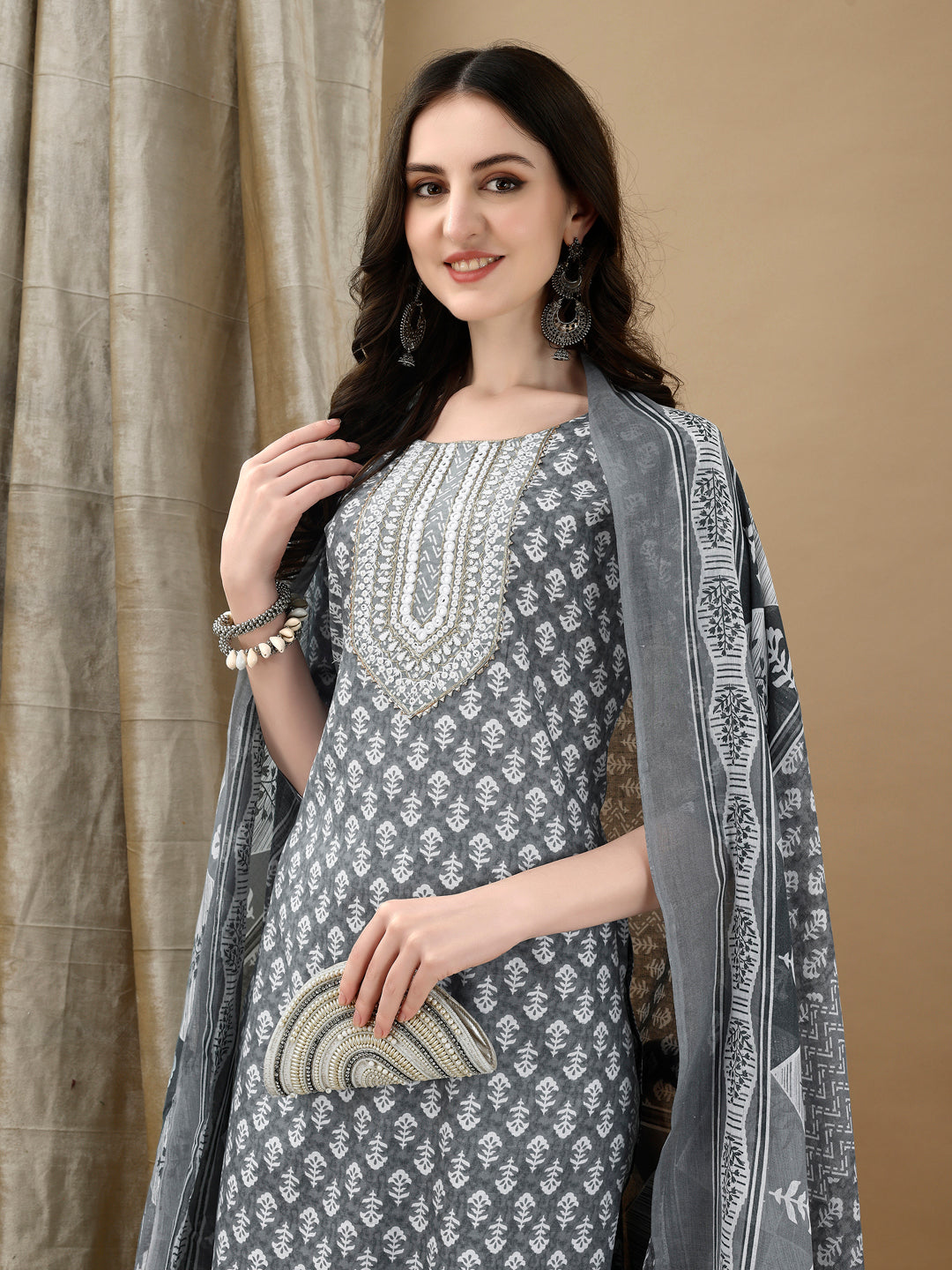 Embroidered & Printed Kurta With Pant & Dupatta, Grey - Hiral Fashion | Grocsy