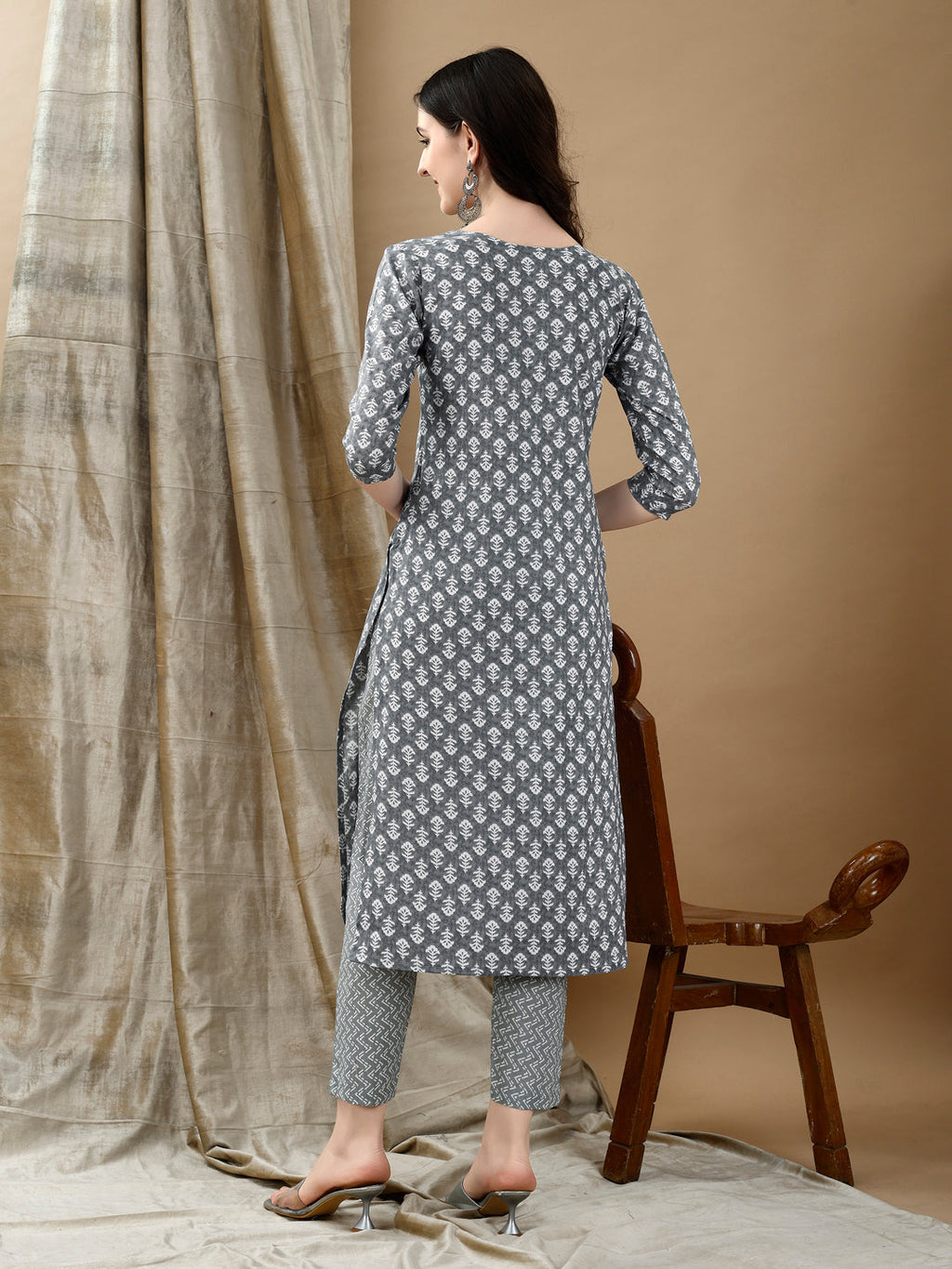 Embroidered & Printed Kurta With Pant & Dupatta, Grey - Hiral Fashion | Grocsy