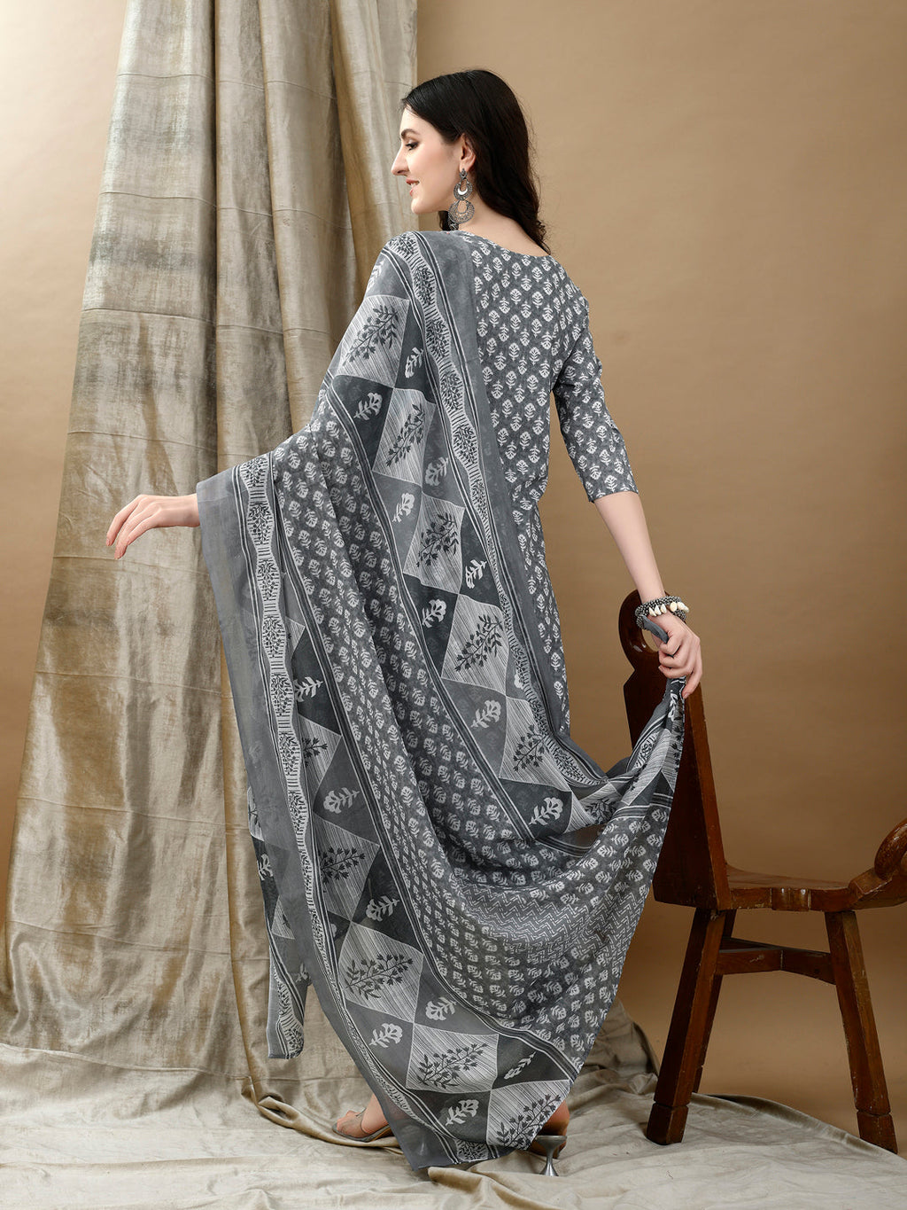 Embroidered & Printed Kurta With Pant & Dupatta, Grey - Hiral Fashion | Grocsy