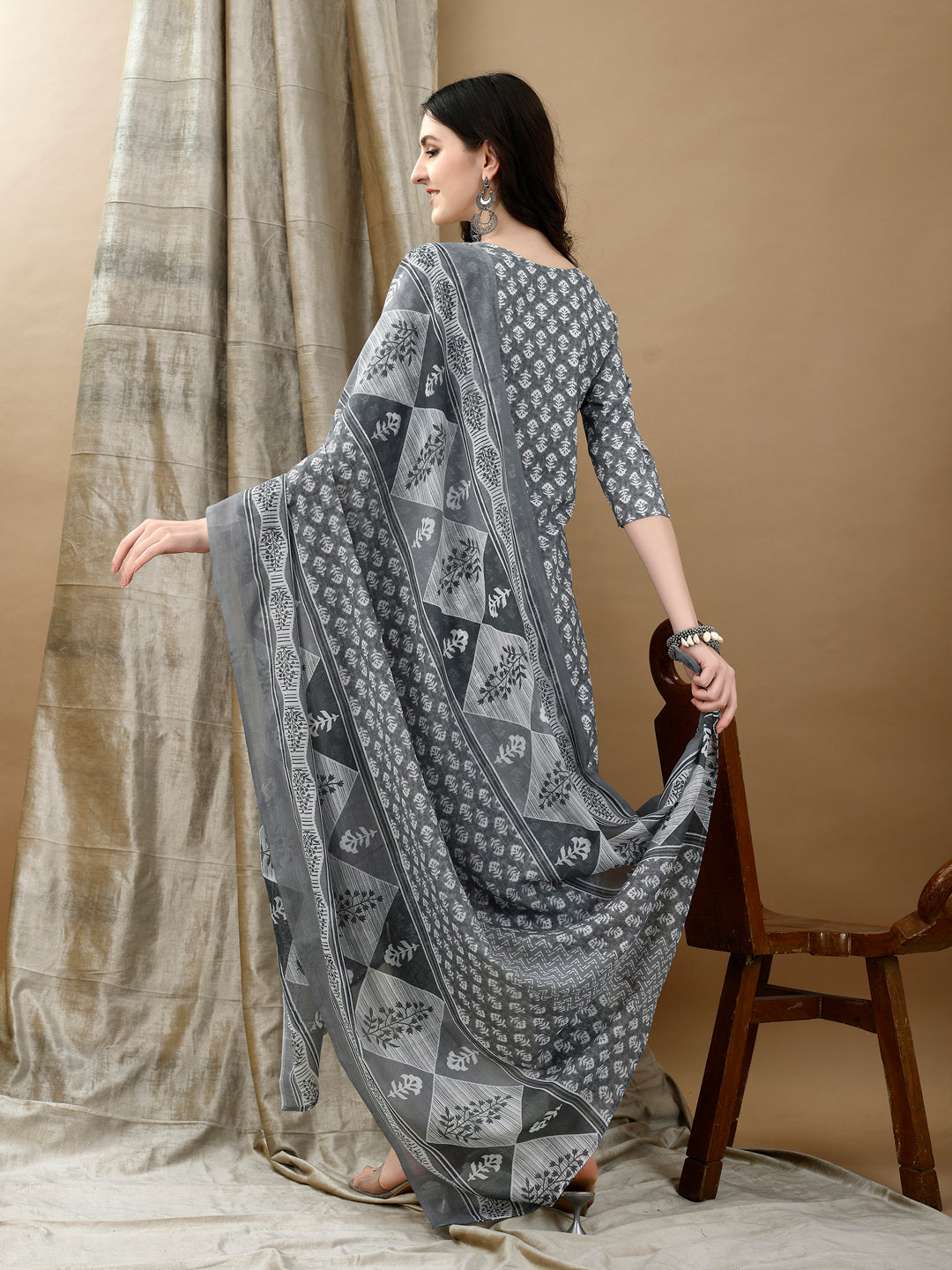 Embroidered & Printed Kurta With Pant & Dupatta, Grey - Hiral Fashion | Grocsy