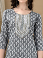 Embroidered & Printed Kurta With Pant & Dupatta, Grey - Hiral Fashion | Grocsy