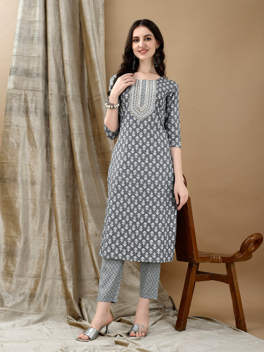 Embroidered & Printed Kurta With Pant & Dupatta, Grey - Hiral Fashion | Grocsy