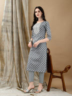 Embroidered & Printed Kurta With Pant & Dupatta, Grey - Hiral Fashion | Grocsy