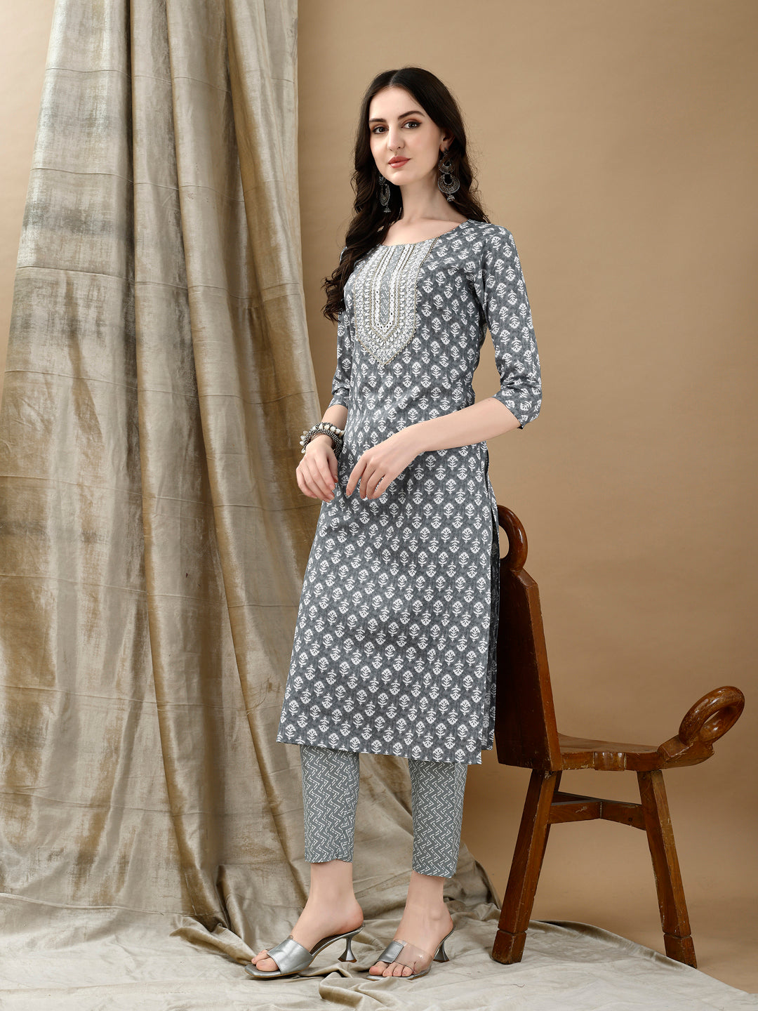 Embroidered & Printed Kurta With Pant & Dupatta, Grey - Hiral Fashion | Grocsy