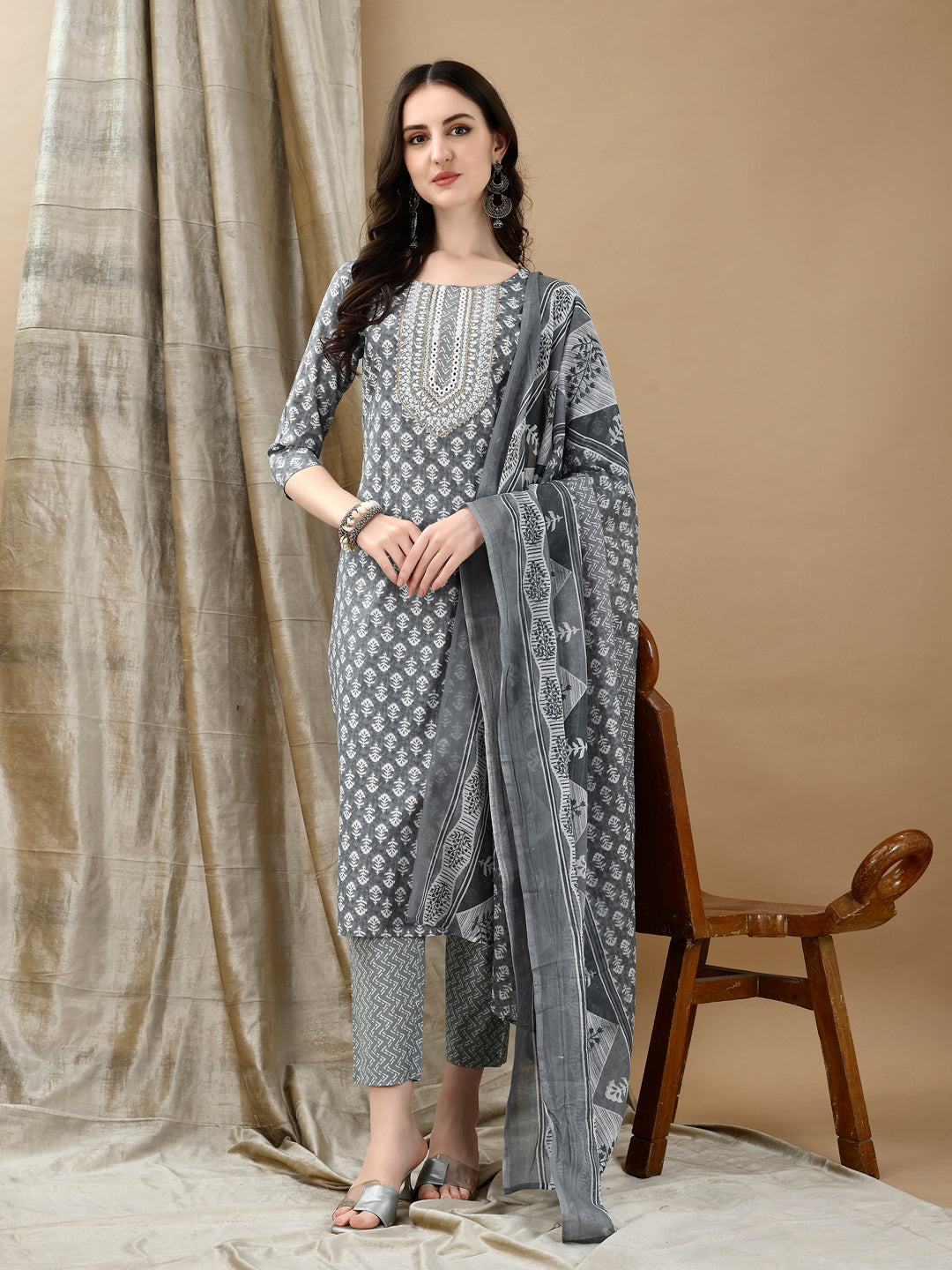 Embroidered & Printed Kurta With Pant & Dupatta, Grey - Hiral Fashion | Grocsy