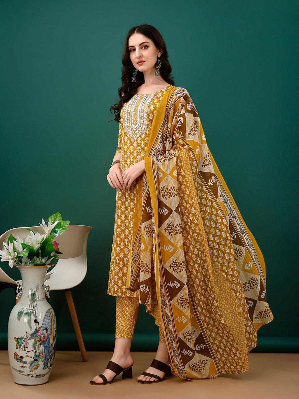 Embroidered & Printed Kurta With Pant & Dupatta, Mustard - Hiral Fashion | Grocsy