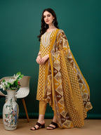 Embroidered & Printed Kurta With Pant & Dupatta, Mustard - Hiral Fashion | Grocsy