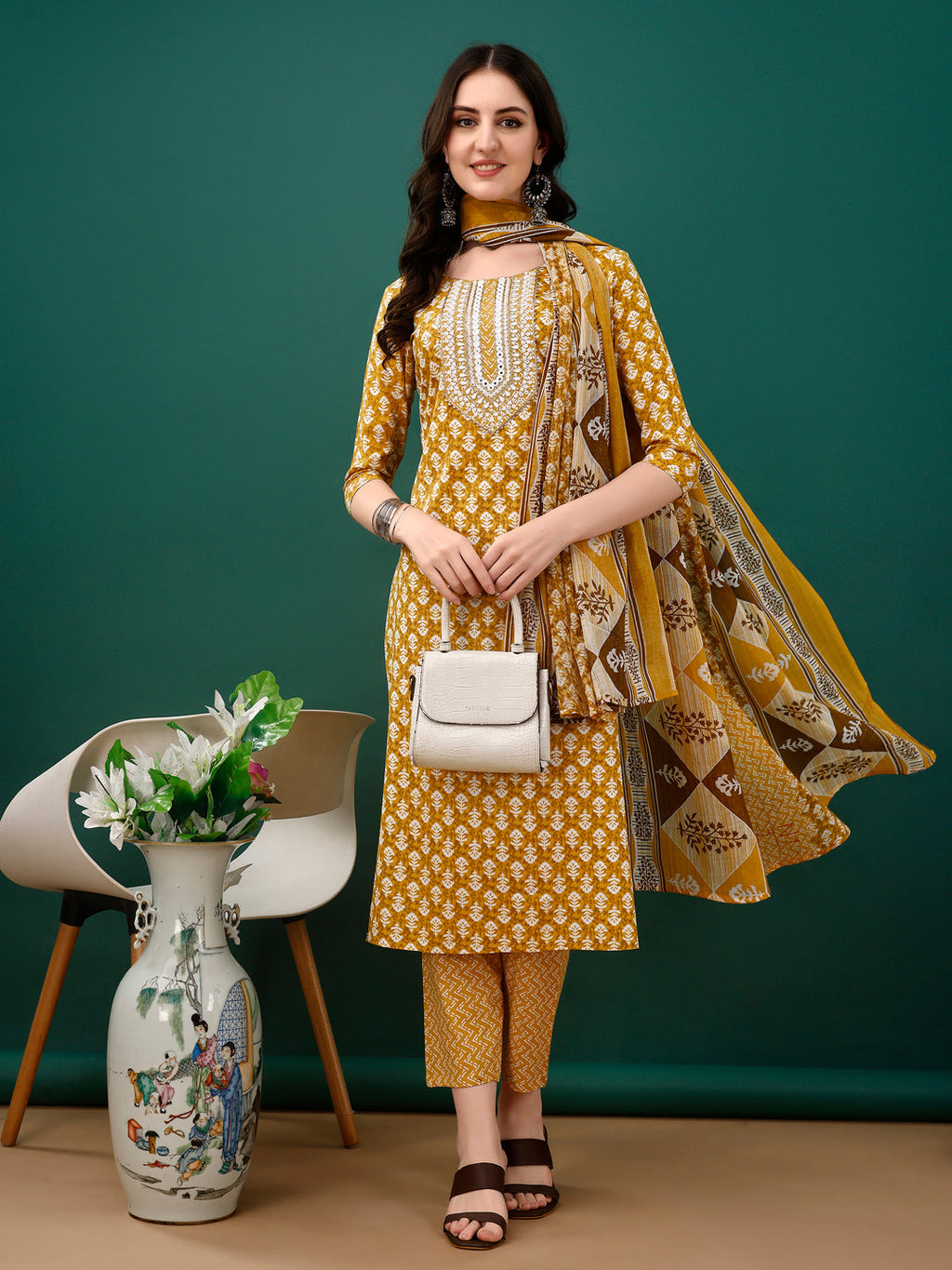 Embroidered & Printed Kurta With Pant & Dupatta, Mustard - Hiral Fashion | Grocsy