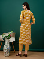 Embroidered & Printed Kurta With Pant & Dupatta, Mustard - Hiral Fashion | Grocsy