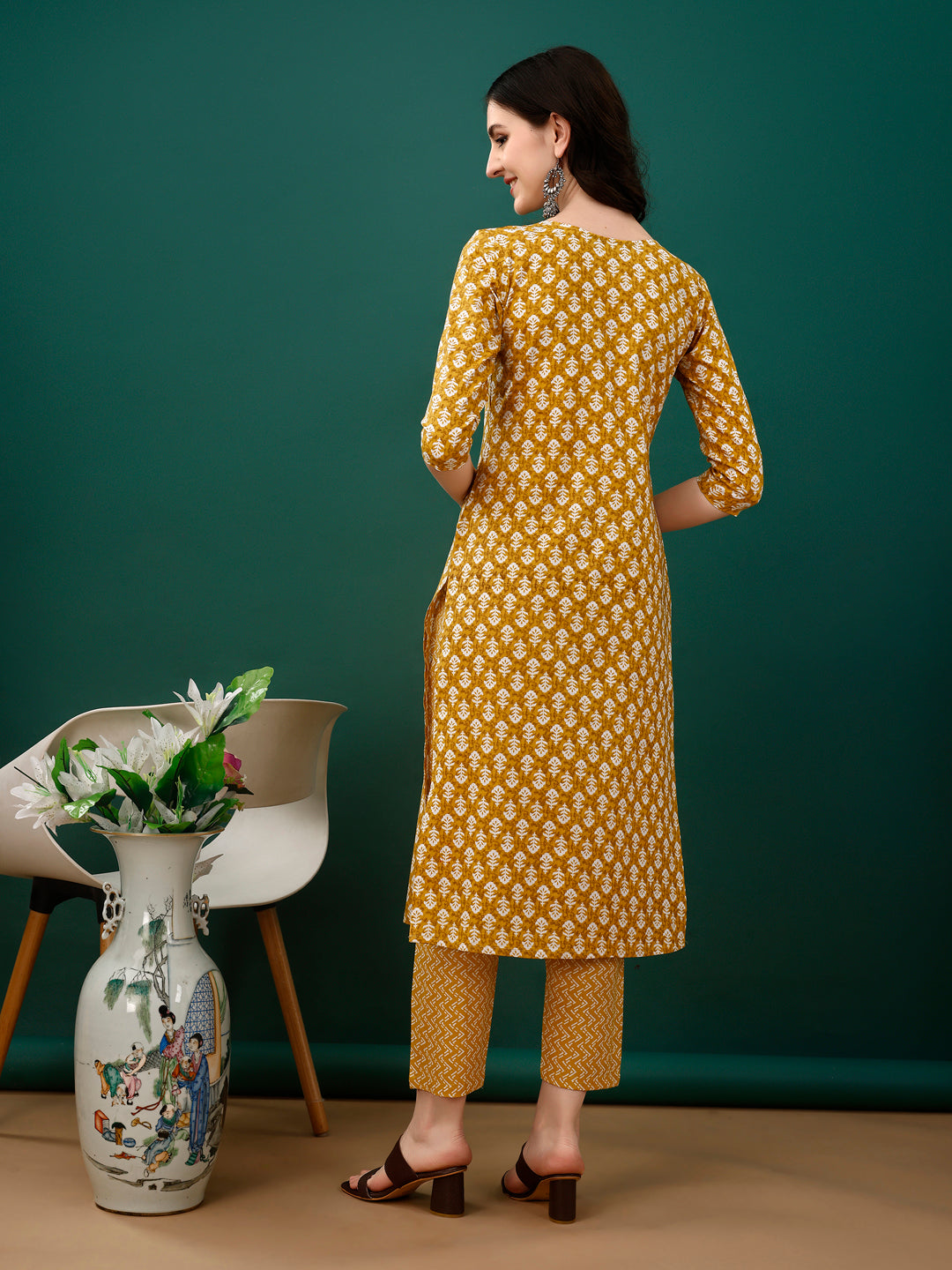 Embroidered & Printed Kurta With Pant & Dupatta, Mustard - Hiral Fashion | Grocsy