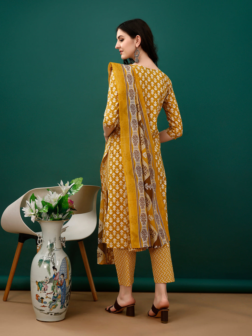 Embroidered & Printed Kurta With Pant & Dupatta, Mustard - Hiral Fashion | Grocsy