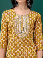 Embroidered & Printed Kurta With Pant & Dupatta, Mustard - Hiral Fashion | Grocsy