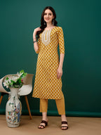Embroidered & Printed Kurta With Pant & Dupatta, Mustard - Hiral Fashion | Grocsy