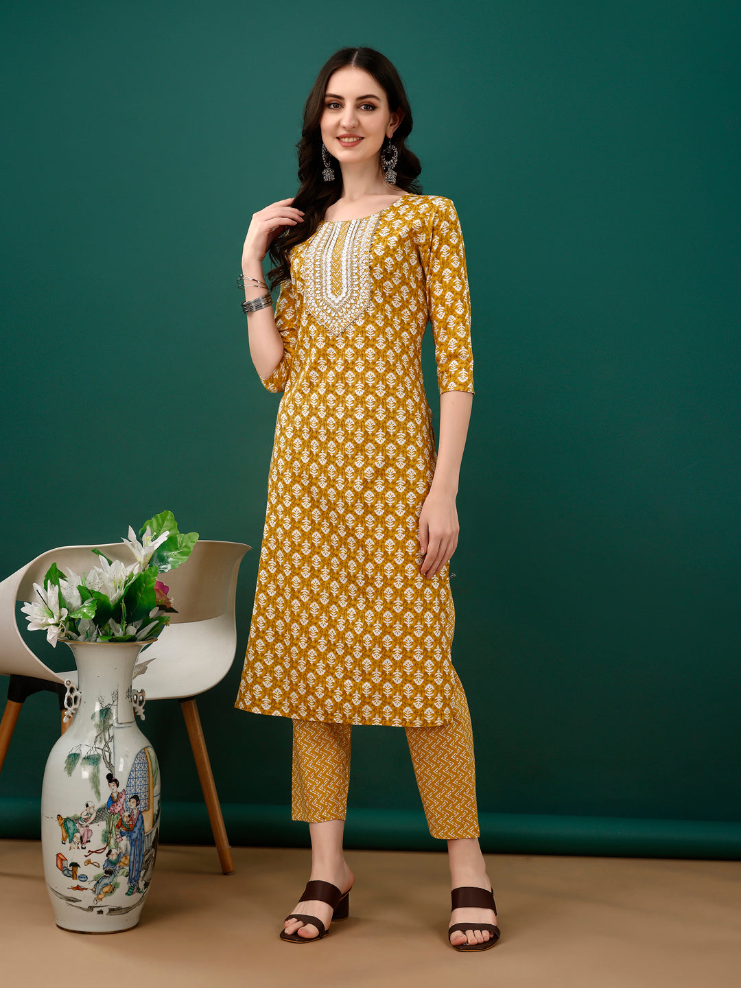 Embroidered & Printed Kurta With Pant & Dupatta, Mustard - Hiral Fashion | Grocsy