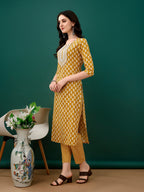 Embroidered & Printed Kurta With Pant & Dupatta, Mustard - Hiral Fashion | Grocsy