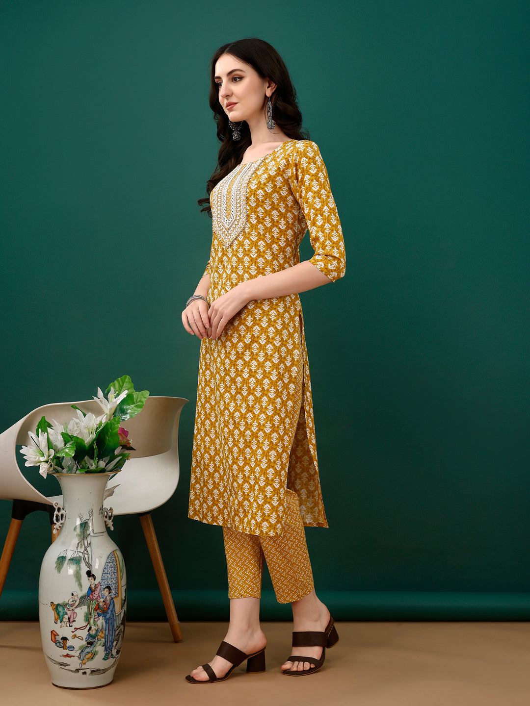 Embroidered & Printed Kurta With Pant & Dupatta, Mustard - Hiral Fashion | Grocsy