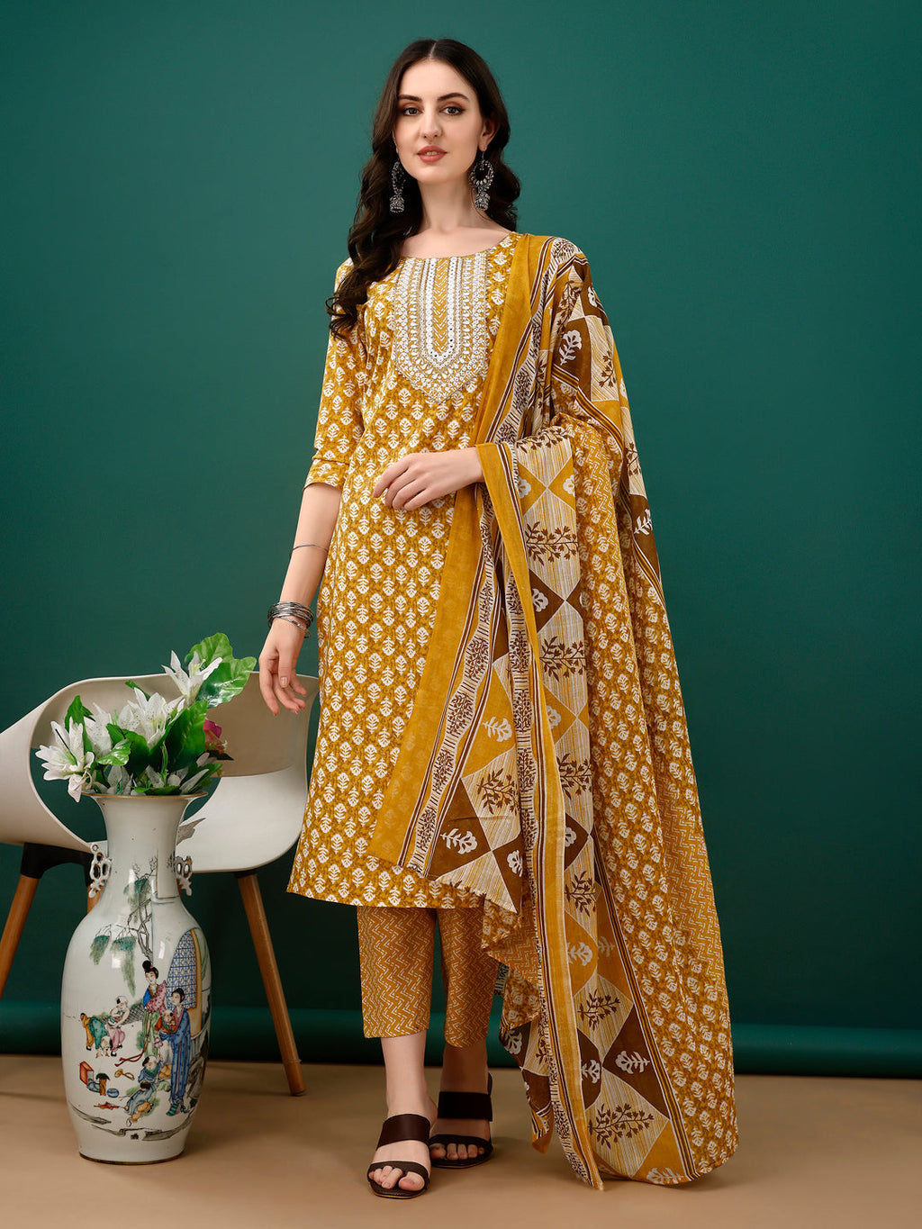 Embroidered & Printed Kurta With Pant & Dupatta, Mustard - Hiral Fashion | Grocsy