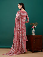 Embroidered & Printed Kurta With Pant & Dupatta, Pink - Hiral Fashion | Grocsy