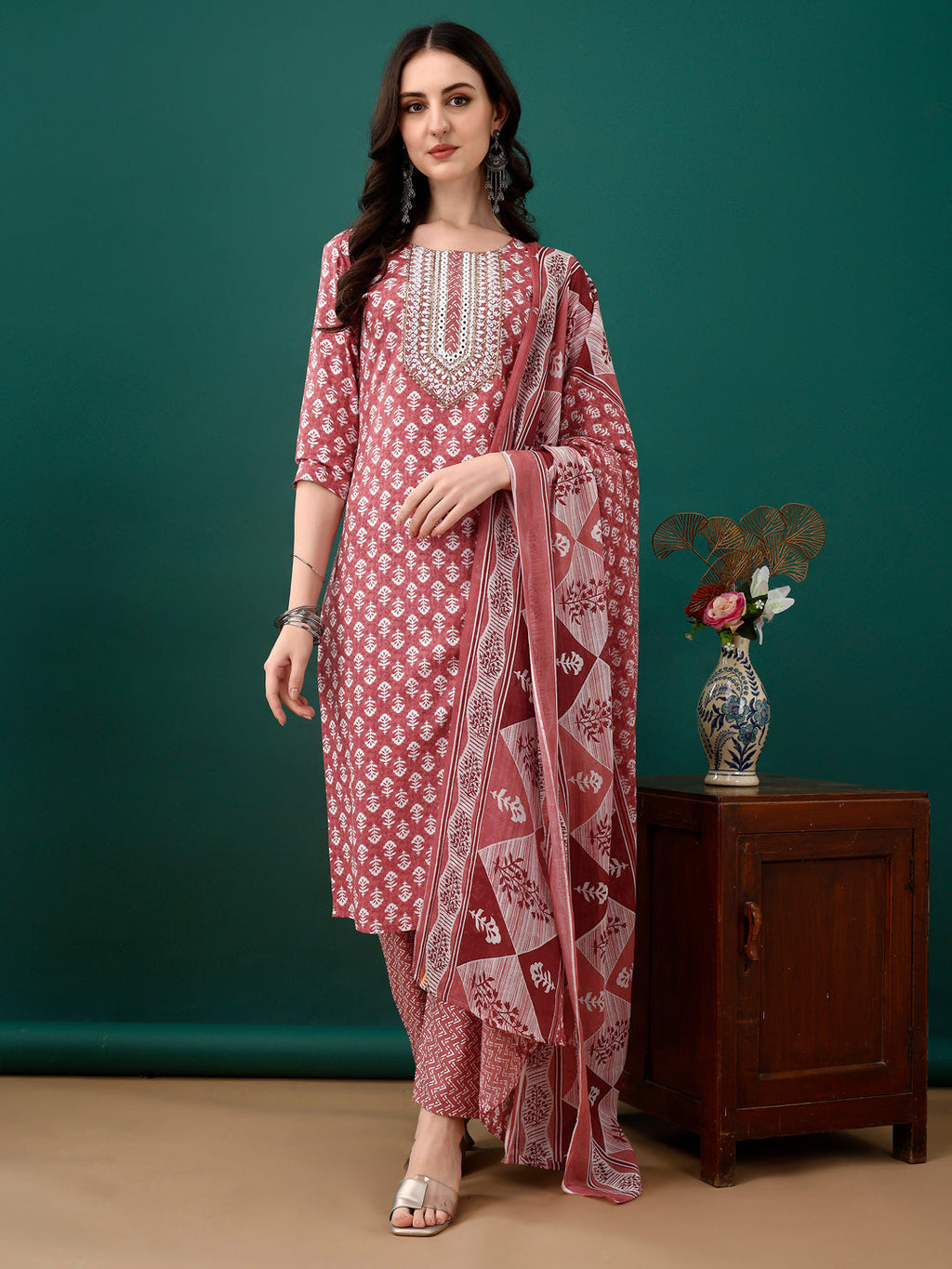 Embroidered & Printed Kurta With Pant & Dupatta, Pink - Hiral Fashion | Grocsy