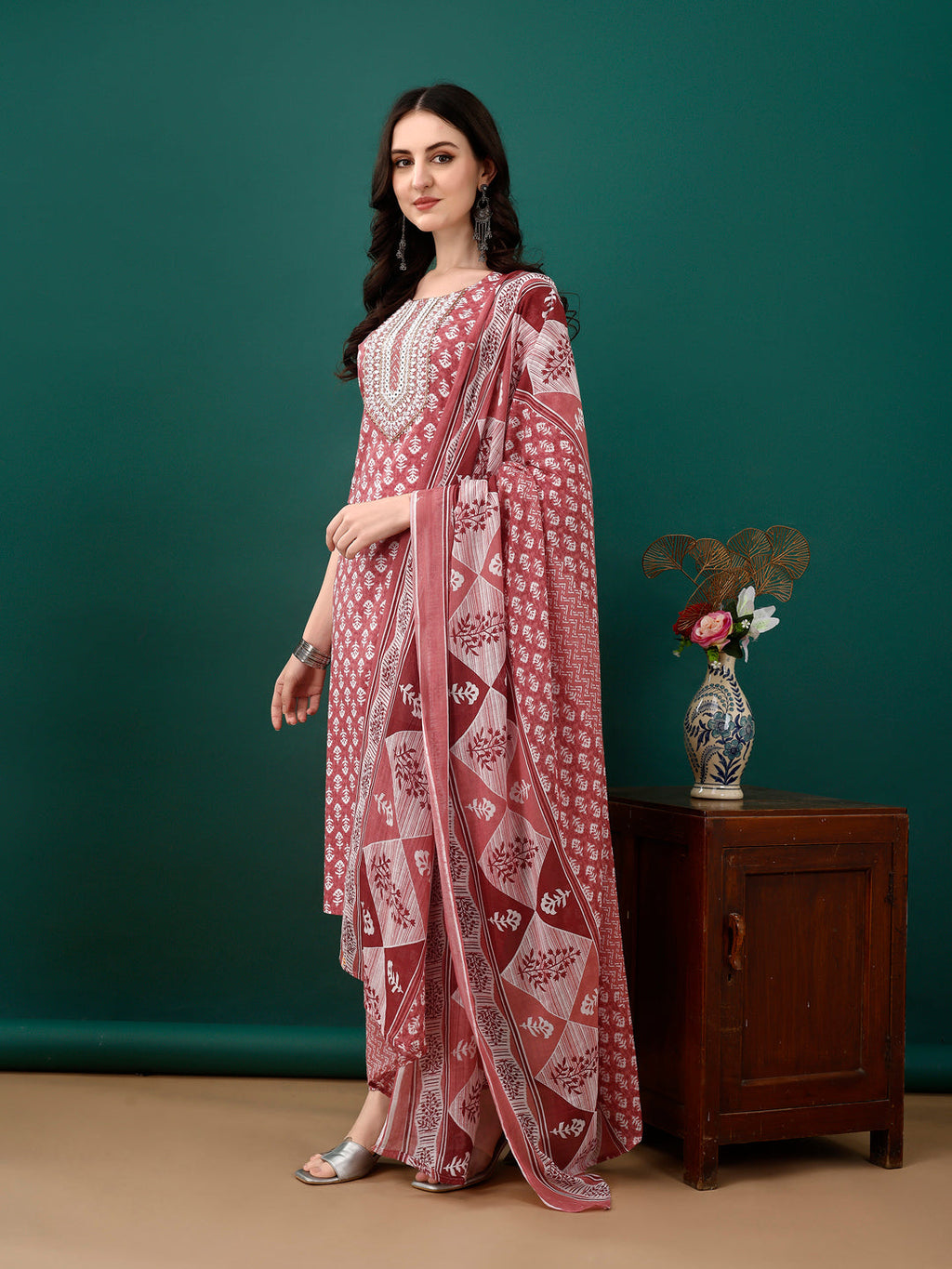 Embroidered & Printed Kurta With Pant & Dupatta, Pink - Hiral Fashion | Grocsy