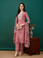 Embroidered & Printed Kurta With Pant & Dupatta, Pink - Hiral Fashion | Grocsy