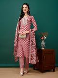 Embroidered & Printed Kurta With Pant & Dupatta, Pink - Hiral Fashion | Grocsy