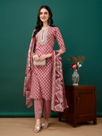 Embroidered & Printed Kurta With Pant & Dupatta, Pink - Hiral Fashion | Grocsy