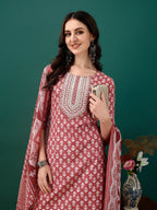 Embroidered & Printed Kurta With Pant & Dupatta, Pink - Hiral Fashion | Grocsy