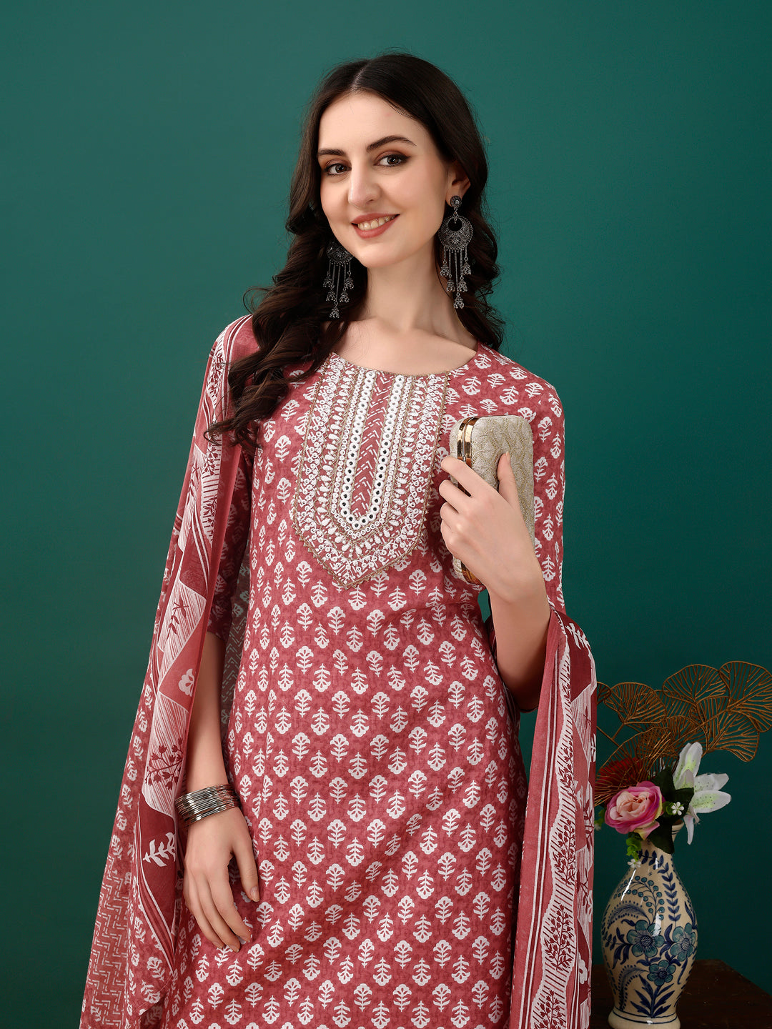 Embroidered & Printed Kurta With Pant & Dupatta, Pink - Hiral Fashion | Grocsy