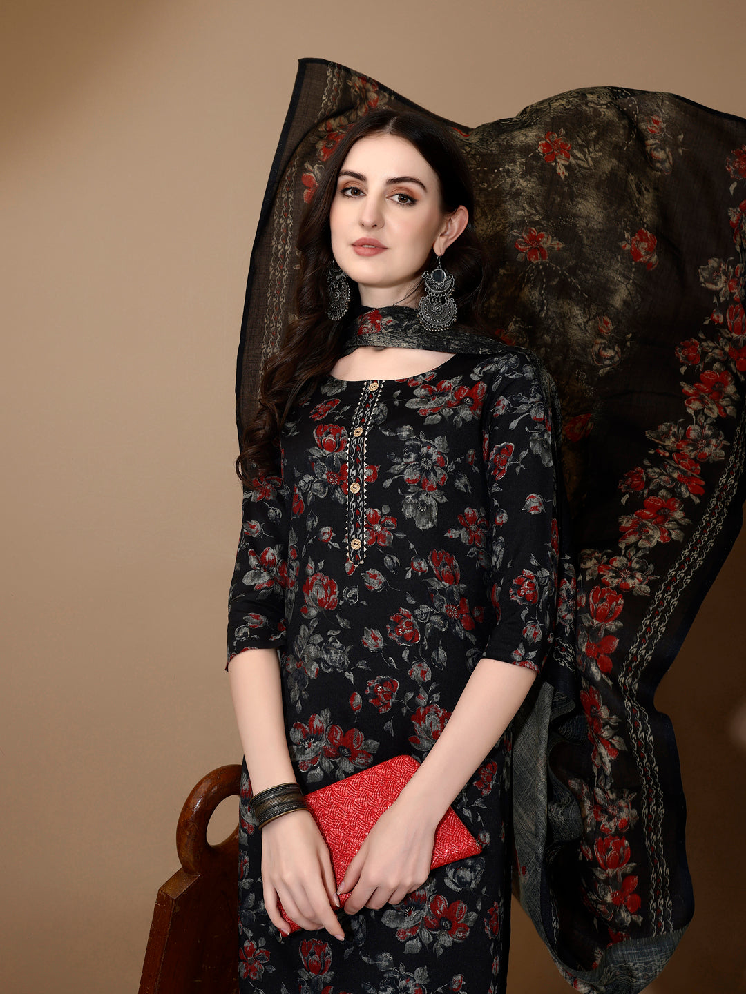 Floral Printed Kurta With Pant & Dupatta, Black - Hiral Fashion | Grocsy