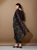 Floral Printed Kurta With Pant & Dupatta, Black - Hiral Fashion | Grocsy