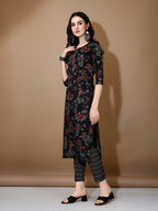 Floral Printed Kurta With Pant & Dupatta, Black - Hiral Fashion | Grocsy