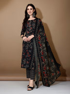 Floral Printed Kurta With Pant & Dupatta, Black - Hiral Fashion | Grocsy
