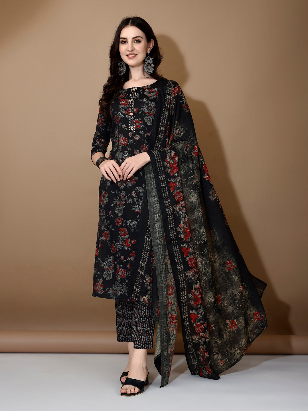 Floral Printed Kurta With Pant & Dupatta, Black - Hiral Fashion | Grocsy