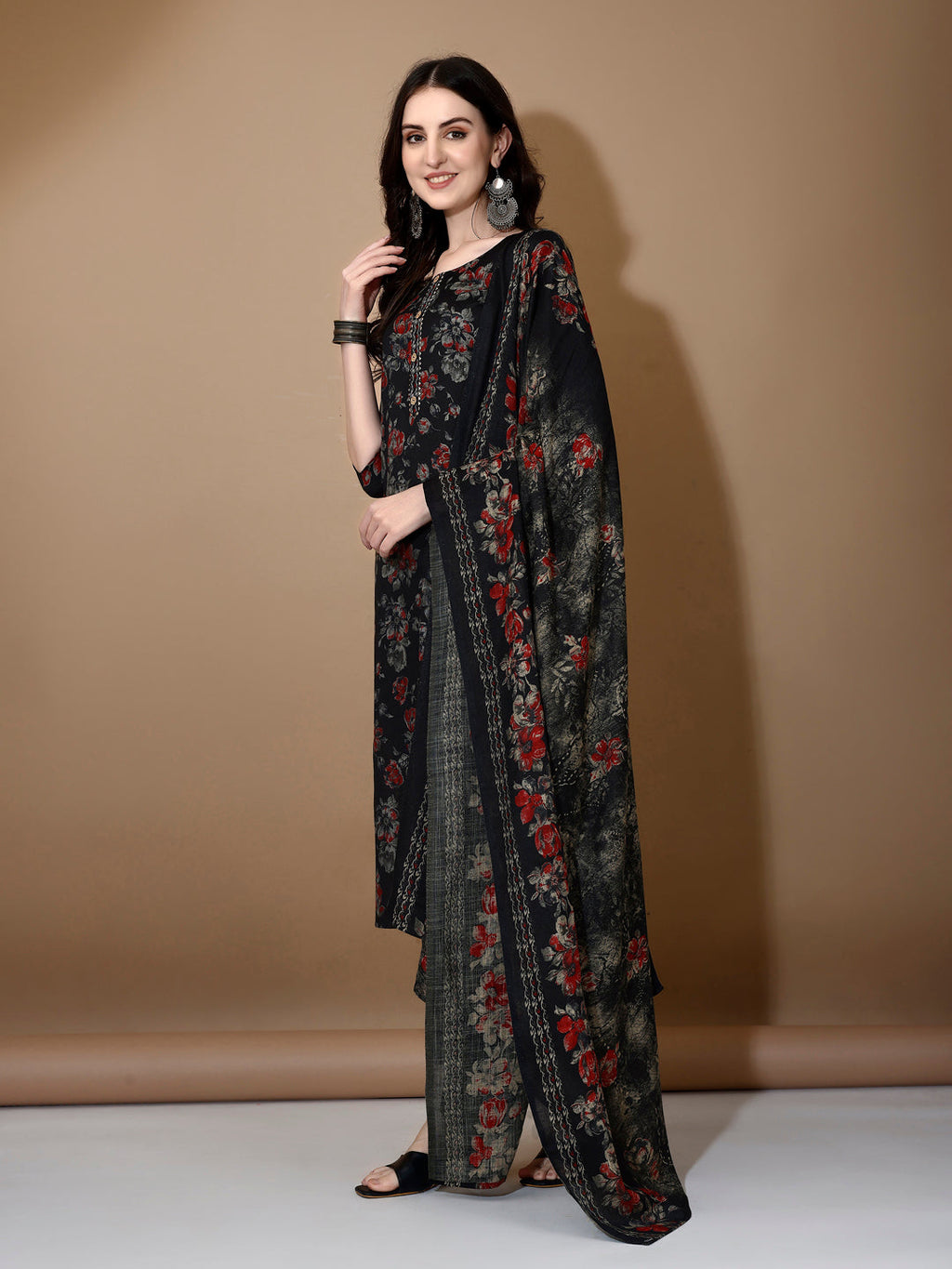 Floral Printed Kurta With Pant & Dupatta, Black - Hiral Fashion | Grocsy