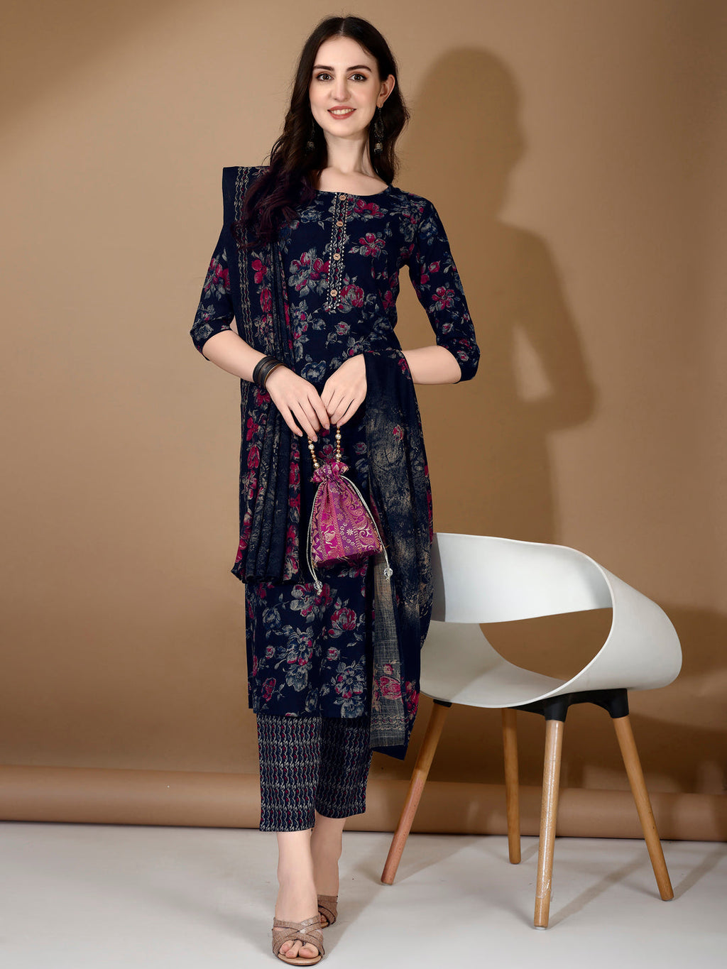 Floral Printed Kurta With Pant & Dupatta, Navy Blue - Hiral Fashion | Grocsy