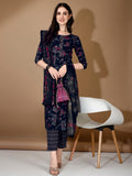 Floral Printed Kurta With Pant & Dupatta, Navy Blue - Hiral Fashion | Grocsy