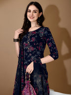 Floral Printed Kurta With Pant & Dupatta, Navy Blue - Hiral Fashion | Grocsy