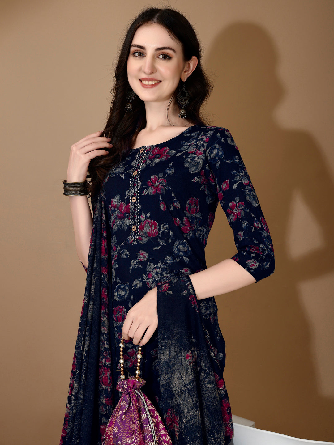 Floral Printed Kurta With Pant & Dupatta, Navy Blue - Hiral Fashion | Grocsy