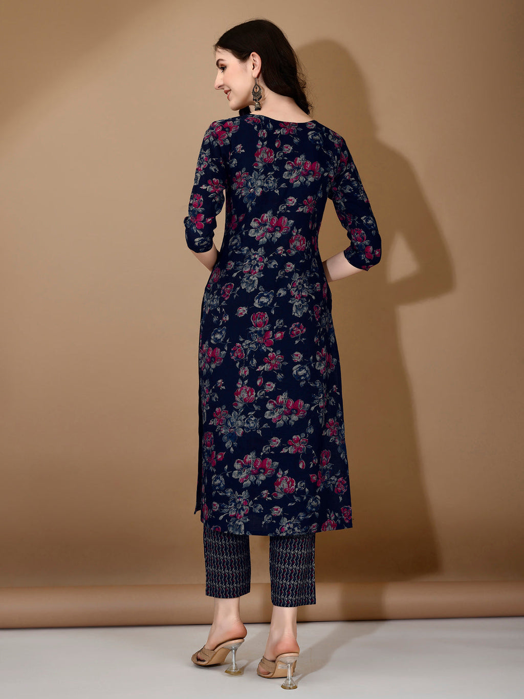 Floral Printed Kurta With Pant & Dupatta, Navy Blue - Hiral Fashion | Grocsy