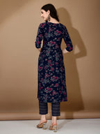 Floral Printed Kurta With Pant & Dupatta, Navy Blue - Hiral Fashion | Grocsy