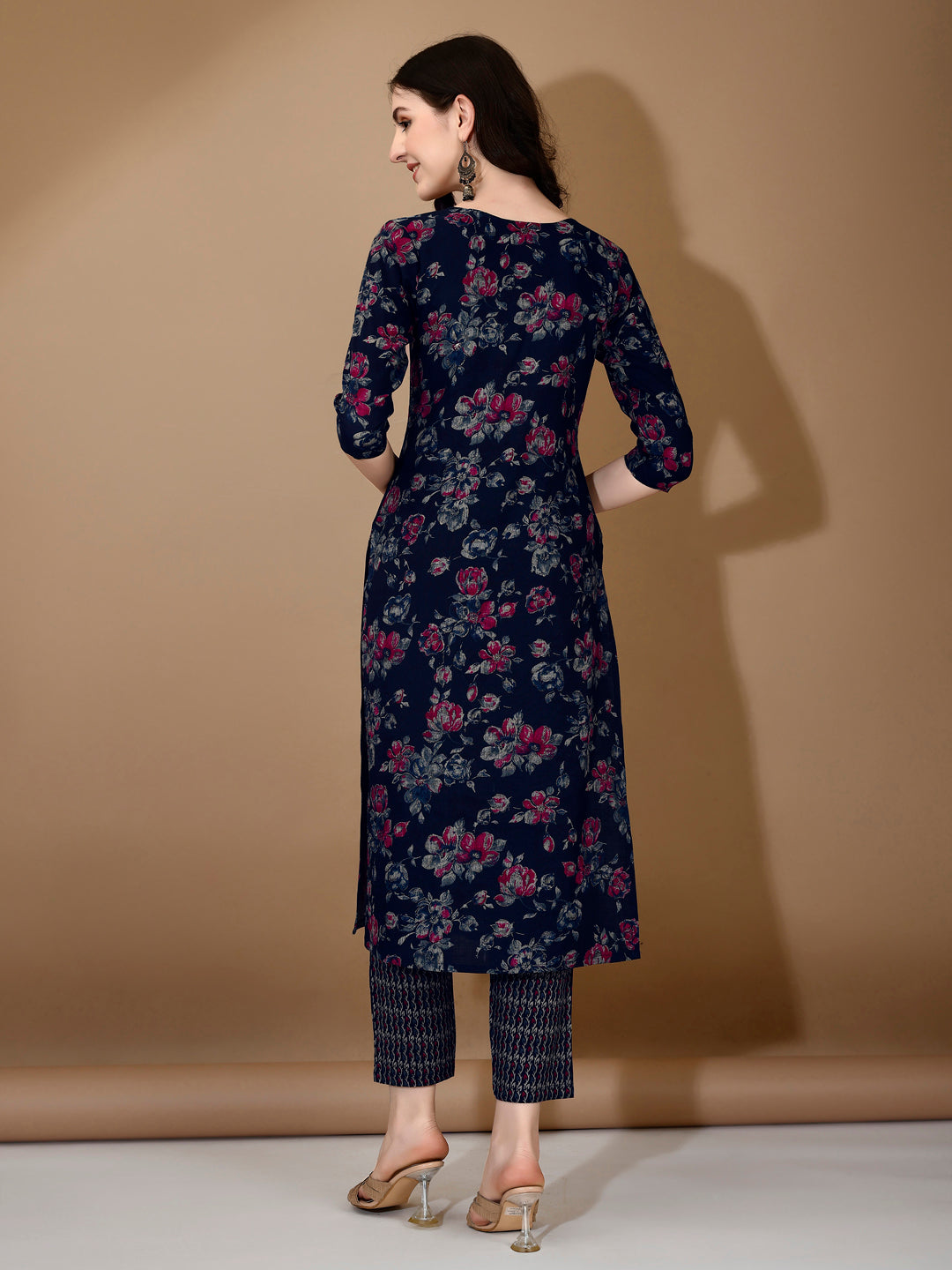Floral Printed Kurta With Pant & Dupatta, Navy Blue - Hiral Fashion | Grocsy