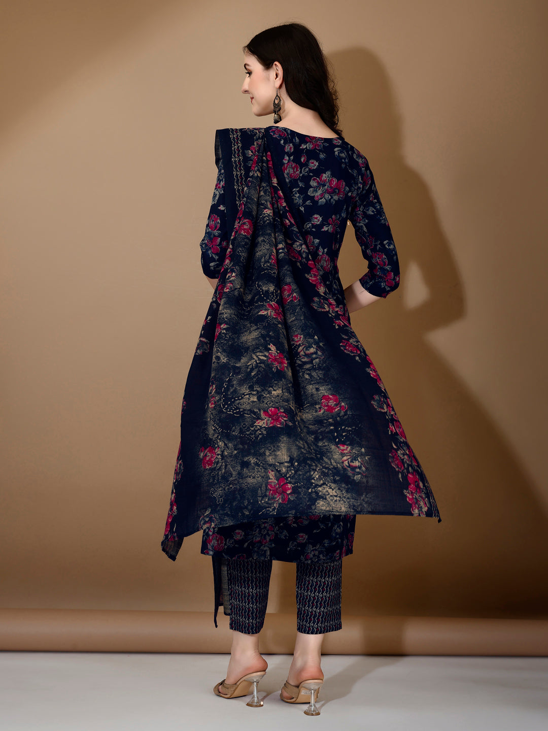 Floral Printed Kurta With Pant & Dupatta, Navy Blue - Hiral Fashion | Grocsy