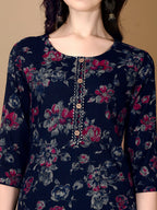 Floral Printed Kurta With Pant & Dupatta, Navy Blue - Hiral Fashion | Grocsy