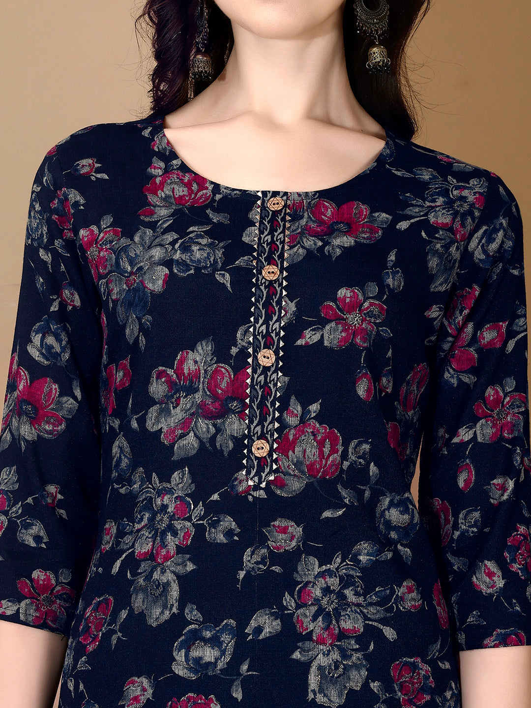 Floral Printed Kurta With Pant & Dupatta, Navy Blue - Hiral Fashion | Grocsy