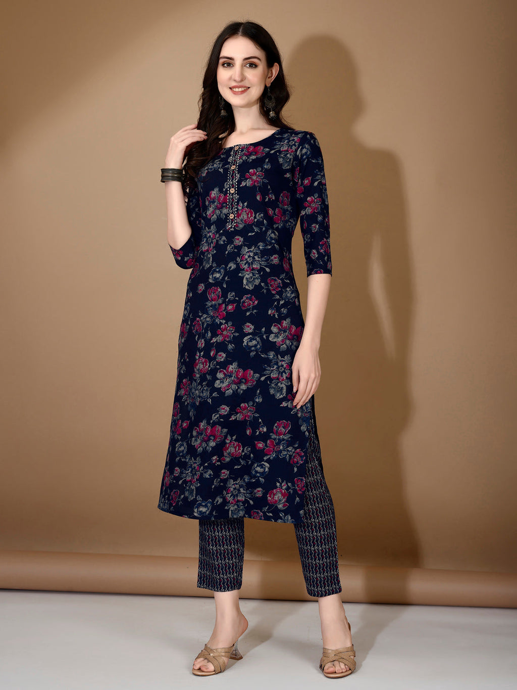 Floral Printed Kurta With Pant & Dupatta, Navy Blue - Hiral Fashion | Grocsy