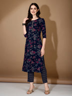 Floral Printed Kurta With Pant & Dupatta, Navy Blue - Hiral Fashion | Grocsy