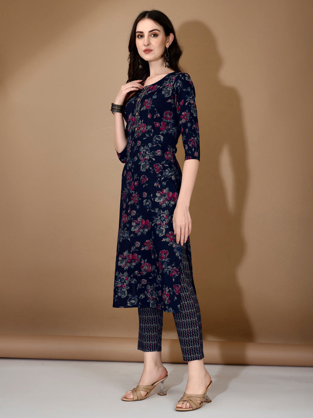 Floral Printed Kurta With Pant & Dupatta, Navy Blue - Hiral Fashion | Grocsy