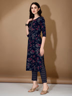 Floral Printed Kurta With Pant & Dupatta, Navy Blue - Hiral Fashion | Grocsy